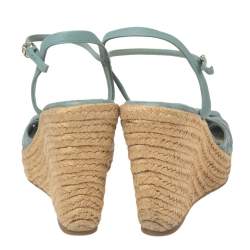 مملوكة مسبقًا Gucci Blue Leather Platform Ankle Strap Wedge Espadrille Sandals Size 38