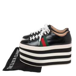 Pre Owned Gucci Black Leather Peggy Wedge Platform Sneakers Size 38