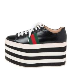 Pre Owned Gucci Black Leather Peggy Wedge Platform Sneakers Size 38