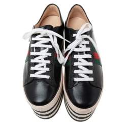 Pre Owned Gucci Black Leather Peggy Wedge Platform Sneakers Size 38