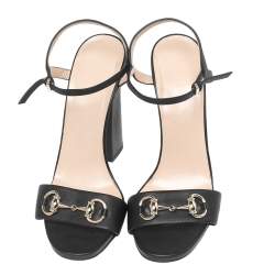 Pre Owned صندل غوتشي كعب عريض مقدمة مفتوحة سير كاحل هورسبيت جلد أسود مقاس 36