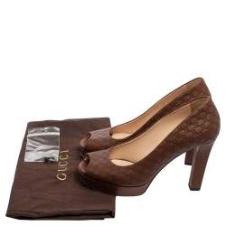 Pre Owned Gucci Brown Guccissima Leather Peep Toe Platform Pumps Size 37.5