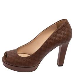 Pre Owned Gucci Brown Guccissima Leather Peep Toe Platform Pumps Size 37.5