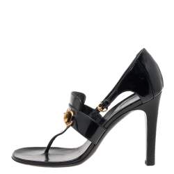 Pre Owned Gucci Black Patent Horsebit Thong Sandals Size 36