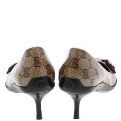 مملوكة مسبقًا حذاء كعب عالي غوتشي كانفاس جي جي كريستال بني/بيج مزين فيونكة مقاس 38