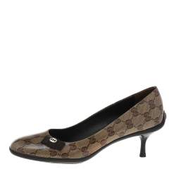 مملوكة مسبقًا حذاء كعب عالي غوتشي كانفاس جي جي كريستال بني/بيج مزين فيونكة مقاس 38