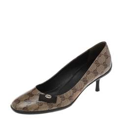 مملوكة مسبقًا حذاء كعب عالي غوتشي كانفاس جي جي كريستال بني/بيج مزين فيونكة مقاس 38