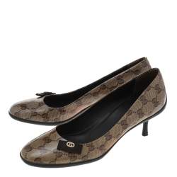 مملوكة مسبقًا حذاء كعب عالي غوتشي كانفاس جي جي كريستال بني/بيج مزين فيونكة مقاس 38