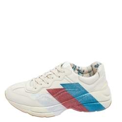 Pre Owned حذاء رياضي غوتشي ويب ريتون غليتر جلد كريمي عنق منخفض مقاس 38.5