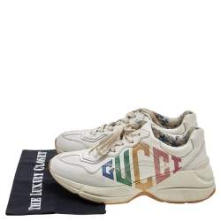 Pre Owned Gucci Beige Leather Glitter Rhyton Lace Up Sneakers Size 38