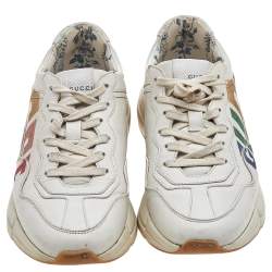 Pre Owned Gucci Beige Leather Glitter Rhyton Lace Up Sneakers Size 38