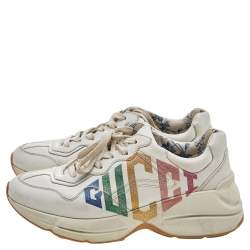 Pre Owned Gucci Beige Leather Glitter Rhyton Lace Up Sneakers Size 38