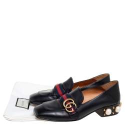 Pre Owned Gucci Black Leather GG Marmont Pearl Collapsible Mid Heel Loafer Pumps Size 37