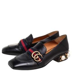 Pre Owned Gucci Black Leather GG Marmont Pearl Collapsible Mid Heel Loafer Pumps Size 37