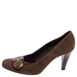 Gucci Brown Suede And Pleated Patent Leather Logo Buckle Pumps Size 38.5