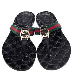 مملوكة مسبقًا Gucci Black Leather GG Web Thong Flat Sandals Size 40