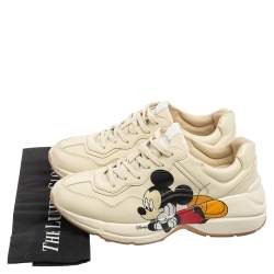 Pre Owned Gucci Beige Leather Disney Mickey Mouse Print Rhyton Sneakers Size 38