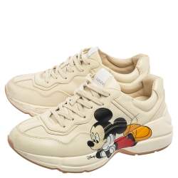Pre Owned Gucci Beige Leather Disney Mickey Mouse Print Rhyton Sneakers Size 38