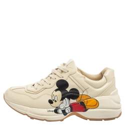 Pre Owned Gucci Beige Leather Disney Mickey Mouse Print Rhyton Sneakers Size 38