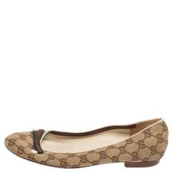 Pre Owned Gucci Beige/Brown GG Canvas Web Bow Ballet Flats Size 39