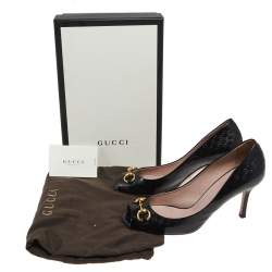 Pre Owned Gucci Black Guccissima Patent Leather Horsebit Peep Toe Pumps Size 39.5