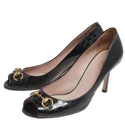 Pre Owned Gucci Black Guccissima Patent Leather Horsebit Peep Toe Pumps Size 39.5