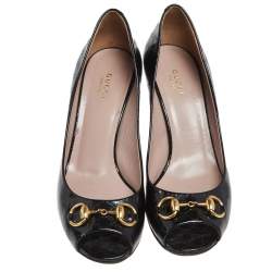 Pre Owned Gucci Black Guccissima Patent Leather Horsebit Peep Toe Pumps Size 39.5