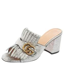 مملوكة مسبقًا Gucci Silver Crinkled Leather GG Marmont Fringed Mules Size 37.5