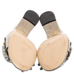 مملوكة مسبقًا Gucci Silver Crinkled Leather GG Marmont Fringed Mules Size 37.5