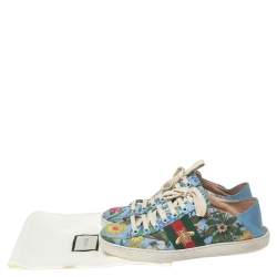 Pre Owned Gucci Blue Canvas Flower Print  And Leather Ace  Sneakers Size 36