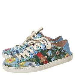 Pre Owned Gucci Blue Canvas Flower Print  And Leather Ace  Sneakers Size 36