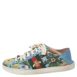 Pre Owned Gucci Blue Canvas Flower Print  And Leather Ace  Sneakers Size 36