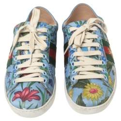 Pre Owned Gucci Blue Canvas Flower Print  And Leather Ace  Sneakers Size 36