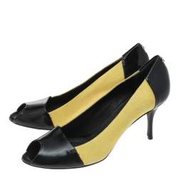 Pre Owned Gucci Yellow/Black Suede And Patent Leather Peep Toe Pumps Size 39.5