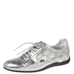 Pre Owned Gucci Silver Guccissima Leather Low Top Sneakers  Size 38