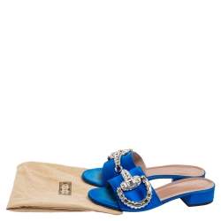 مملوكة مسبقًا Gucci Royal Blue Satin Maxime Crystal Horsebit Slide Sandals Size 37
