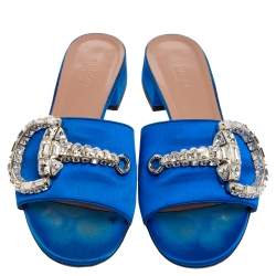 مملوكة مسبقًا Gucci Royal Blue Satin Maxime Crystal Horsebit Slide Sandals Size 37