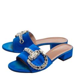 مملوكة مسبقًا Gucci Royal Blue Satin Maxime Crystal Horsebit Slide Sandals Size 37