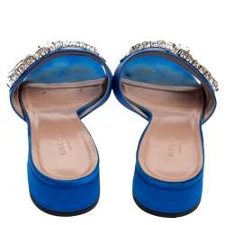مملوكة مسبقًا Gucci Royal Blue Satin Maxime Crystal Horsebit Slide Sandals Size 37