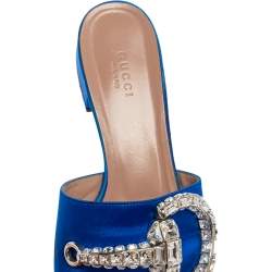 مملوكة مسبقًا Gucci Royal Blue Satin Maxime Crystal Horsebit Slide Sandals Size 37