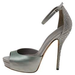 Gucci Grey Satin Ankle Strap Peep Toe Platform Sandals Size 38