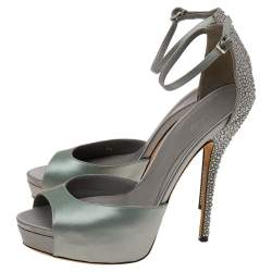 Gucci Grey Satin Ankle Strap Peep Toe Platform Sandals Size 38