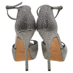 Gucci Grey Satin Ankle Strap Peep Toe Platform Sandals Size 38