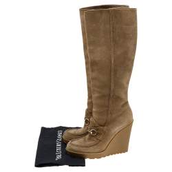 Pre Owned Gucci Beige Suede Wedge Knee Length Boots Size 38
