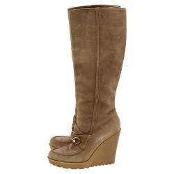 Pre Owned Gucci Beige Suede Wedge Knee Length Boots Size 38