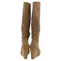 Pre Owned Gucci Beige Suede Wedge Knee Length Boots Size 38