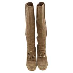 Pre Owned Gucci Beige Suede Wedge Knee Length Boots Size 38