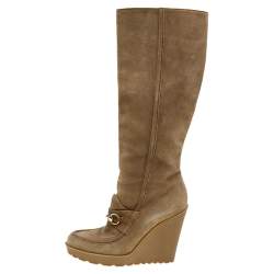 Pre Owned Gucci Beige Suede Wedge Knee Length Boots Size 38