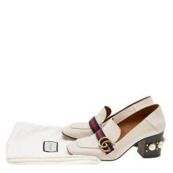 Pre Owned Gucci Beige Leather Web GG Marmont Faux Pearl Embellished Block Heel Loafer Pumps Size 39.5