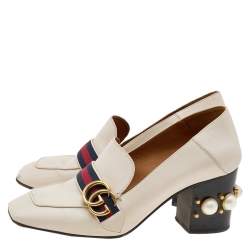 Pre Owned Gucci Beige Leather Web GG Marmont Faux Pearl Embellished Block Heel Loafer Pumps Size 39.5